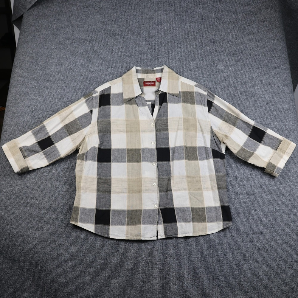 CompanyOne Shirt Womens 3X Beige Gray Plaid Button Front 3/4 Sleeve Cotton